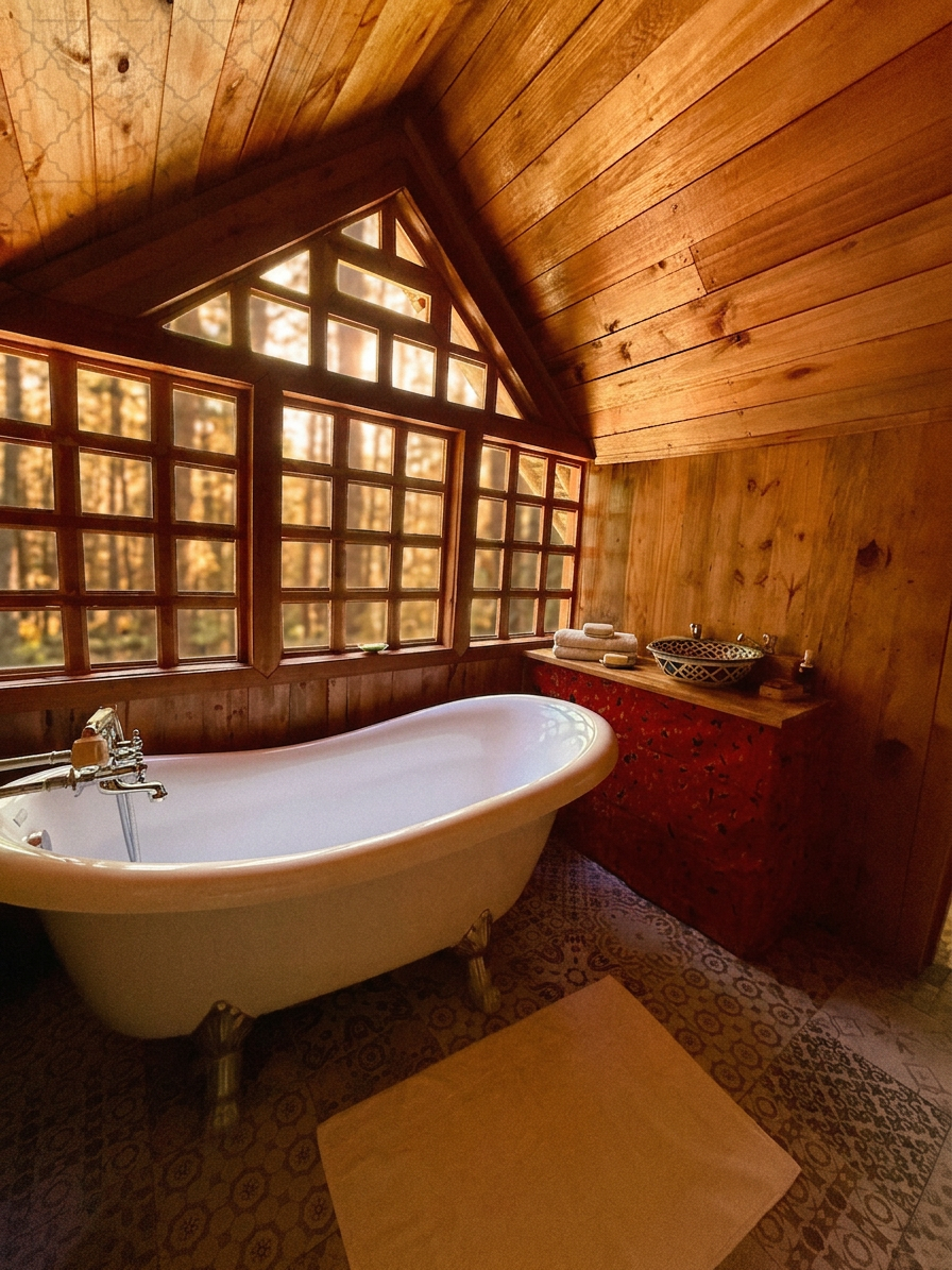 Clawfoot bathtub by a gabled forest-facing window in the chalet bathroom