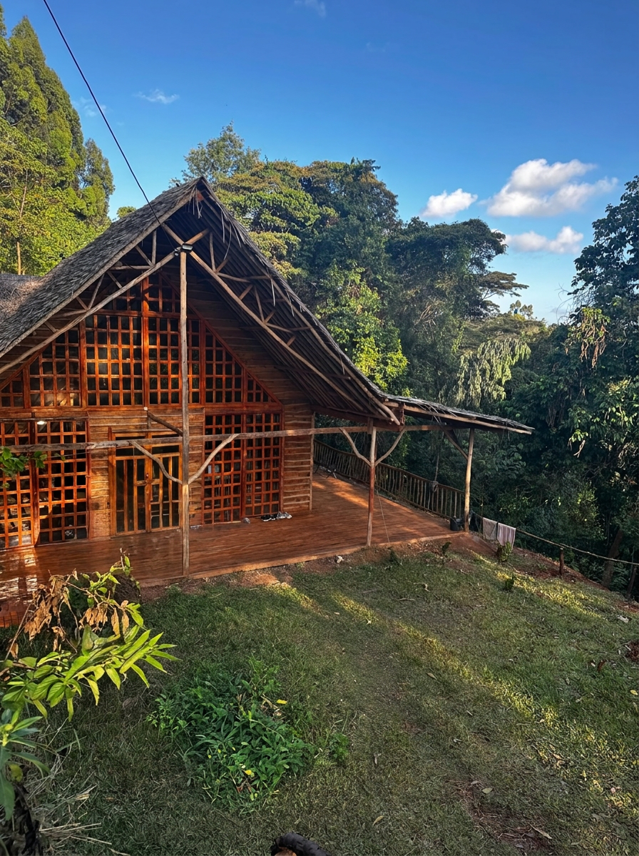 Hidden Key Chalet — a thatched timber haus on a forested slope of Mount Kenya at golden hour